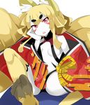  1girl animal_ears blonde_hair disgaea feet foot fox_ears fox_tail karatakewari looking_at_viewer makai_senki_disgaea_5 monster_girl nine-tailed_fox_(disgaea) no_nose open_mouth red_eyes slit_pupils tail 