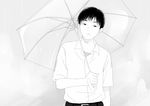  grey_background greyscale holding holding_umbrella looking_at_viewer male_focus monochrome original rain re:i shirt solo umbrella upper_body 
