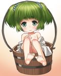  barefoot blush bucket collarbone green_eyes green_hair hair_bobbles hair_ornament in_bucket in_container japanese_clothes kei_kei kimono kimono_pull kisume off_shoulder sitting solo tears topless touhou twintails wavy_mouth wooden_bucket yukata 