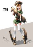  bazooka blonde_hair boots character_name dated ground_vehicle helmet highres midriff military military_vehicle miniskirt motor_vehicle original signature skirt smile solo t49_light_tank tank thighhighs weapon wing_(4486066) yellow_eyes 