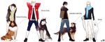  akaashi_keiji arms_behind_head black_hair blonde_hair bokuto_koutarou boots brown_hair dog full_body glasses grey_eyes haikyuu!! highres hood hood_down hooded_jacket hoodie jacket kuroo_tetsurou multiple_boys open_clothes open_jacket pants scarf short_hair smile tsukishima_kei white_background yasai_(getsu) yellow_eyes 