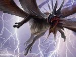  crest dragon feathered_wings fling frills jaime_jones kolaghan lightning magic_the_gathering multiple_wings official_art open_mouth wings 