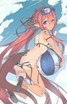  armband ass ball bandages beachball bikini day dragon_girl dragon_horns dragon_tail flat_ass flat_chest hair_ribbon highres horns long_hair lyu monster_girl one-piece_tan original pointy_ears purple_eyes red_hair ribbon scales shoes side-tie_bikini solo striped striped_bikini swimsuit tail tan tanline untied very_long_hair wardrobe_malfunction 