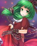  bow dress front_ponytail green_eyes green_hair hair_bow kagiyama_hina kei_kei long_hair looking_at_viewer puffy_short_sleeves puffy_sleeves red_dress ribbon short_sleeves smile solo touhou wrist_ribbon 