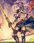  2012 anbe_yoshirou armor armored_boots artist_name banner belt boots gauntlets grey_eyes guardian_cross horseshoe lavender_hair light_smile looking_at_viewer midriff official_art polearm ponytail sparkle spear square_enix sunset thighhighs weapon wheat_field wind 