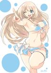  artist_name atago_(kantai_collection) bare_shoulders bikini blonde_hair bouncing_breasts breasts front-tie_bikini front-tie_top green_eyes kantai_collection large_breasts leg_up long_hair midriff miniskirt navel one_eye_closed open_mouth pointing sensen skirt smile solo swimsuit 