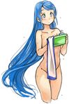  :o blue_eyes blue_hair blush collarbone cropped_legs kantai_collection long_hair nude sachito samidare_(kantai_collection) shampoo simple_background solo towel very_long_hair wet white_background 