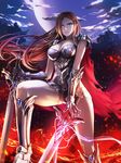  a-line armor armored_boots blue_eyes boots breasts brown_hair cape cleavage cloud cloudy_sky dual_wielding fire gauntlets highres holding large_breasts long_hair moon night shorts shoulder_armor sky solo spaulders sword torn_cape weapon 