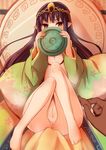  99hime amaterasu_(99hime) anus bangs barefoot black_hair blush cherry_blossoms circlet covering covering_mouth embarrassed enema feet flat_chest floral_print full_body holding japanese_clothes kimono knees_together_feet_apart knees_up long_hair looking_at_viewer navel nipples no_bra no_panties open_clothes open_kimono pointy_ears pov pussy red_eyes sitting solo_focus sweat uncensored wide_sleeves yatsuashi_matomo 