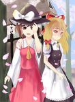  apron ascot blonde_hair blue_sky blush bow brown_hair cherry_blossoms cloud day detached_sleeves embarrassed hair_bow hair_ribbon hair_tubes hakurei_reimu hand_on_headwear hat hat_ribbon headwear_switch hinomoto_souya kirisame_marisa light_frown looking_at_viewer looking_down multiple_girls open_mouth outdoors petals red_eyes ribbon short_hair short_sleeves sidelocks skirt skirt_set sky touhou tree tress_ribbon waist_apron witch_hat yellow_eyes 