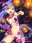  blue_hair breasts cleavage company_name copyright_name gun hen-shin-shou-jo_metamol_maiden holding long_hair machinery mecha_musume medium_breasts navel official_art open_mouth outstretched_arm ponytail purple_background solo sparks thighhighs thighs tongue very_long_hair weapon yangsion yellow_eyes 