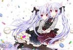  animal_ears cat_ears chico152 dress high_heels holding_hands kneeling long_hair multiple_girls original pantyhose pill purple_hair red_eyes ribbon shoes twintails two_side_up 