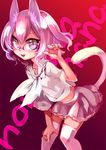  animal_ears cat_ears cat_tail crop_top fangs glasses kaida_michi leaning_forward midriff purple_eyes purple_hair short_hair sketch skirt smile solo tail thighhighs 