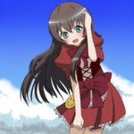  :d aoki_hagane_no_arpeggio blue_eyes blue_sky brown_hair cloud cloudy_sky day leaning_forward long_hair looking_at_viewer maya_(aoki_hagane_no_arpeggio) nayo_(acgin) open_mouth sky smile solo wind 