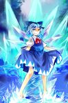  barefoot blue_dress blue_eyes blue_hair bow cirno dress dress_lift grin hair_bow ice ice_block ice_wings kutsuki_kai looking_at_viewer puffy_short_sleeves puffy_sleeves shaded_face shirt short_sleeves smile solo touhou wings 