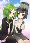  arare_(kantai_collection) bad_id bad_pixiv_id black_hair black_legwear black_serafuku brown_eyes cloud crescent crescent_hair_ornament dango day dress_shirt eating feeding food furumachi_kyuu green_eyes green_hair hair_ornament hat highres kantai_collection long_hair mitarashi_dango multiple_girls nagatsuki_(kantai_collection) school_uniform serafuku shirt short_hair sitting skewer skirt sky smile suspenders thighhighs wagashi 