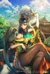  2015 animal_on_arm architecture bangs bare_shoulders bird bird_on_arm blue_hair blunt_bangs braid chinese_clothes cloud crossed_legs day east_asian_architecture fan genderswap genderswap_(mtf) headgear highres lens_flare official_art pantyhose petals sangokushi_ranbu sitting sky smile solo tajima_yukie thighs yellow_eyes zhuge_liang 