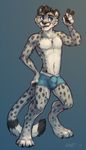  2015 barefoot black_hair blue_eyes bulge cheetah cherrybox clothed clothing feline hair half-dressed male mammal solo topless underwear 