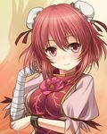 bandages breasts bun_cover cuffs double_bun flower ibaraki_kasen kei_kei large_breasts looking_at_viewer pink_eyes pink_flower pink_hair pink_rose puffy_short_sleeves puffy_sleeves rose shackles shirt short_sleeves smile solo tabard touhou upper_body 