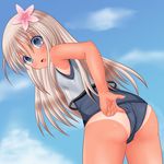  adjusting_clothes adjusting_swimsuit ass bare_shoulders blonde_hair blue_eyes blue_sky blush day flower hibiscus kantai_collection long_hair one-piece_swimsuit open_mouth riku_(rikkuru) ro-500_(kantai_collection) school_swimsuit sky solo swimsuit swimsuit_under_clothes tan tanline 