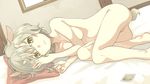  animal_ears anus bed breasts brown_hair condom goat_ears green_eyes highres horns legs long_legs lying nude on_side original pillow pussy seu_kaname short_hair small_breasts solo tail underboob window 