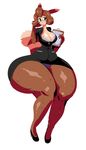  anthro anthrofied big_thighs cleavage clothed clothing dress eyewear female furret glasses green_eyes high_heels keijimatsu nintendo personification pok&eacute;mon saddening_censorship solo standing sweat video_games wide_hips 