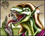  2003 anthro armor brown_hair claws clothed clothing dragon drooling ear_piercing female green_scales hair horn human imminent_vore long_hair male mammal markie open_mouth orange_eyes outside piercing saliva scalie sharp_teeth size_difference slit_pupils teeth tongue tongue_out vore white_scales 
