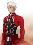  archer dark_skin dark_skinned_male fate/stay_night fate_(series) grey_eyes highres kuma_yuu male_focus solo white_hair 