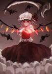 absurdres arm_behind_back bad_id bad_pixiv_id bat blurry depth_of_field flandre_scarlet glowing glowing_eyes hat highres light_smile looking_at_viewer mob_cap outstretched_arm red_eyes rotain scythe shirt skirt skirt_set solo touhou wings 