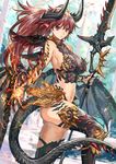  armor black_legwear breasts claws dragon_girl dragon_horns dragon_tail dragon_wings highres horns large_breasts long_hair midriff naginata navel original pointy_ears polearm ran'ou_(tamago_no_kimi) red_eyes red_hair scales solo tail thighhighs very_long_hair weapon wings 