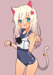  animal_ears blonde_hair blue_eyes cat_ears flower hair_flower hair_ornament kantai_collection long_hair moriki one-piece_swimsuit paw_pose revision ro-500_(kantai_collection) school_swimsuit smile solo swimsuit swimsuit_under_clothes tail tan wristband 