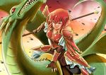  arm_support armor dragon fingerless_gloves fire_emblem fire_emblem:_monshou_no_nazo gloves headband horns looking_at_viewer minerva_(fire_emblem) nanagami_ginji polearm red_armor red_eyes red_hair riding saddle sharp_teeth short_hair solo teeth weapon wyvern 
