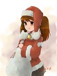  1girl 4suke bell black_skirt blush brown_eyes brown_hair brown_legwear hat holding kantai_collection long_hair long_sleeves pantyhose pleated_skirt ryuujou_(kantai_collection) sack santa_costume santa_hat skirt solo twintails twitter_username 