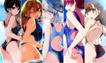  5girls ass back back_cutout black_hair blonde_hair blue_eyes breasts brown_eyes brown_hair column_lineup competition_swimsuit hair_down highleg highleg_swimsuit ishida_akira large_breasts long_hair maid-chou_(maoyuu) maid_ane_(maoyuu) maou_(maoyuu) maoyuu_maou_yuusha multiple_girls official_art one-piece_swimsuit one_eye_closed onna_kishi_(maoyuu) onna_mahoutsukai_(maoyuu) pink_eyes promotional_art purple_eyes red_hair sideboob silver_hair small_breasts swimsuit wading wet 