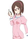  blush brown_eyes brown_hair glasses gundam gundam_build_fighters hairband kousaka_china moyashi_koubou over-rim_eyewear red-framed_eyewear semi-rimless_eyewear short_hair simple_background solo white_background wire_cutters 