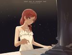  bare_arms bare_shoulders collarbone dress highres huanxiang_heitu instrument jewelry love_live! love_live!_school_idol_project music necklace nishikino_maki piano playing_instrument playing_piano purple_eyes red_hair revision smile solo strapless strapless_dress white_dress 