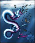  2003 anthro aquatic_dragon armor blue_scales boat breasts clothed clothing dragon english_text female gills green_eyes group human male mammal markie nude open_mouth purple_scales scalie size_difference swimming text underwater vore water 