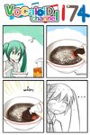  1girl 4koma aqua_eyes aqua_hair beamed_eighth_notes bowl catstudioinc_(punepuni) collared_shirt color_drain comic commentary eighth_note food hatsune_miku highres left-to-right_manga long_hair musical_note necktie noodles ramen shirt sleeveless solo soy_sauce spilling spoken_musical_note thai translated twintails vocaloid 