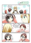  1boy 2girls 4koma azuki_azusa black_hair blonde_hair blue_eyes blush brown_hair catstudioinc_(punepuni) collared_shirt comic copyright_name drooling finger_to_mouth fork fork_in_mouth green_eyes hentai_ouji_to_warawanai_neko. highres maid maid_cafe maid_headdress multiple_girls necktie one_side_up school_uniform shirt shoe_print thai translation_request tsutsukakushi_tsukiko yokodera_youto 