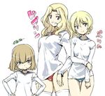  blonde_hair blue_eyes breast_envy buruma chikuwa_(tks) darjeeling girls_und_panzer gym_uniform height_difference katyusha kay_(girls_und_panzer) multiple_girls thighhighs wavy_mouth 