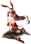  amane_ruri animal_ears ass back bare_arms bare_back bare_shoulders black_legwear brown_eyes brown_hair bunny bunny_ears bunny_girl bunnysuit floating_hair full_body high_heels highres legs long_hair looking_at_viewer original pantyhose revision sitting solo wariza 