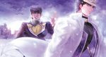  black_hair family gunbam hat higashikata_jousuke jacket jojo_no_kimyou_na_bouken kuujou_joutarou long_coat male_focus multiple_boys pompadour purple_hair snowing uncle_and_nephew waving white_coat white_jacket winter 