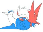  blue_feathers blush che_ri_ni dragon duo eyes_closed female latias latios legendary_pok&eacute;mon licking lying male male/female nintendo on_back open_mouth plain_background pok&eacute;mon red_eyes red_feathers saliva teeth tongue tongue_out video_games white_feathers 