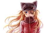  1girl 6bi animal_ears animal_hat black_hat blue_eyes eyepatch fake_animal_ears floating_hair hat hat_pin highres long_hair looking_to_the_side neon_genesis_evangelion red_sweater simple_background solo soryu_asuka_langley sweater turtleneck turtleneck_sweater upper_body very_long_hair white_background 