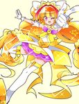  amanogawa_kirara bare_shoulders boots brown_hair choker cure_twinkle earrings elbow_gloves gloves go!_princess_precure highres jewelry kyapinetzu long_hair magical_girl multicolored_hair one_eye_closed open_mouth orange_hair pink_eyes pointing precure smile solo star star_earrings thigh_boots thighhighs twintails two-tone_hair white_gloves white_legwear 