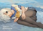  ass black_legwear blue_eyes blue_skirt breasts dated hair_ornament hair_over_one_eye hamakaze_(kantai_collection) kantai_collection large_breasts looking_at_viewer lying miniskirt on_side panties panties_under_pantyhose pantyhose pantyshot pantyshot_(lying) school_uniform serafuku short_hair short_sleeves silver_hair skirt solo toro_(konirio) twitter_username unbuttoned underwear water white_panties 