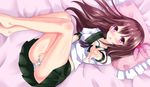  bare_legs barefoot bed blush brown_hair covering covering_crotch flower hair_ornament highres kantai_collection kisaragi_(kantai_collection) kyamu_(qqea92z9n) long_hair looking_at_viewer lying on_back open_mouth panties pillow purple_eyes reaching_out solo underwear white_panties 