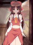  ascot bad_id bad_pixiv_id bare_shoulders bow brown_eyes brown_hair detached_sleeves hair_bow hair_tubes hakurei_reimu highres long_hair long_sleeves looking_at_viewer midriff navel revision ribbon-trimmed_sleeves ribbon_trim shirt side_slit skirt skirt_set solo torii touhou veranda very_long_hair wendell wide_sleeves 