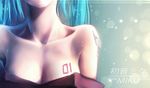  bai_yemeng bare_shoulders blue_hair body_writing breasts butterfly_tattoo character_name cleavage collarbone hatsune_miku head_out_of_frame off_shoulder revision small_breasts solo tattoo upper_body vocaloid 