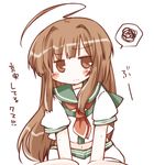  ahoge anger_vein brown_eyes brown_hair closed_mouth commentary_request futami_yayoi highres kantai_collection kuma_(kantai_collection) long_hair midriff navel sailor_collar school_uniform serafuku short_sleeves simple_background solo spoken_squiggle squiggle translation_request white_background 